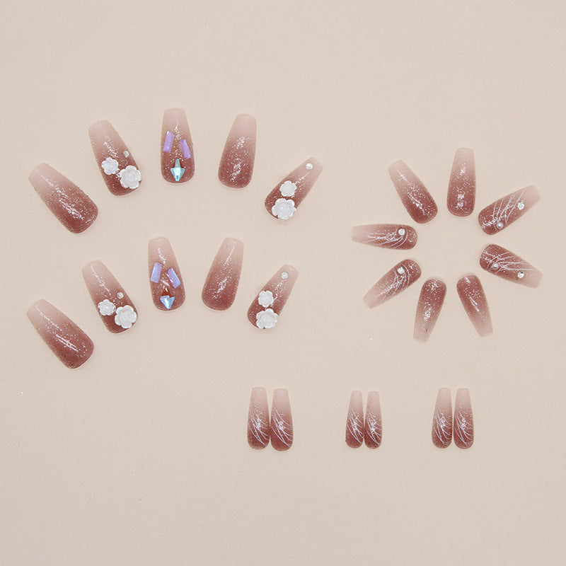 N-302 - Crystal & Milk White Camellia - Press On Nail Set Of 24 - Free 24 Pcs Sticker Sheet Included