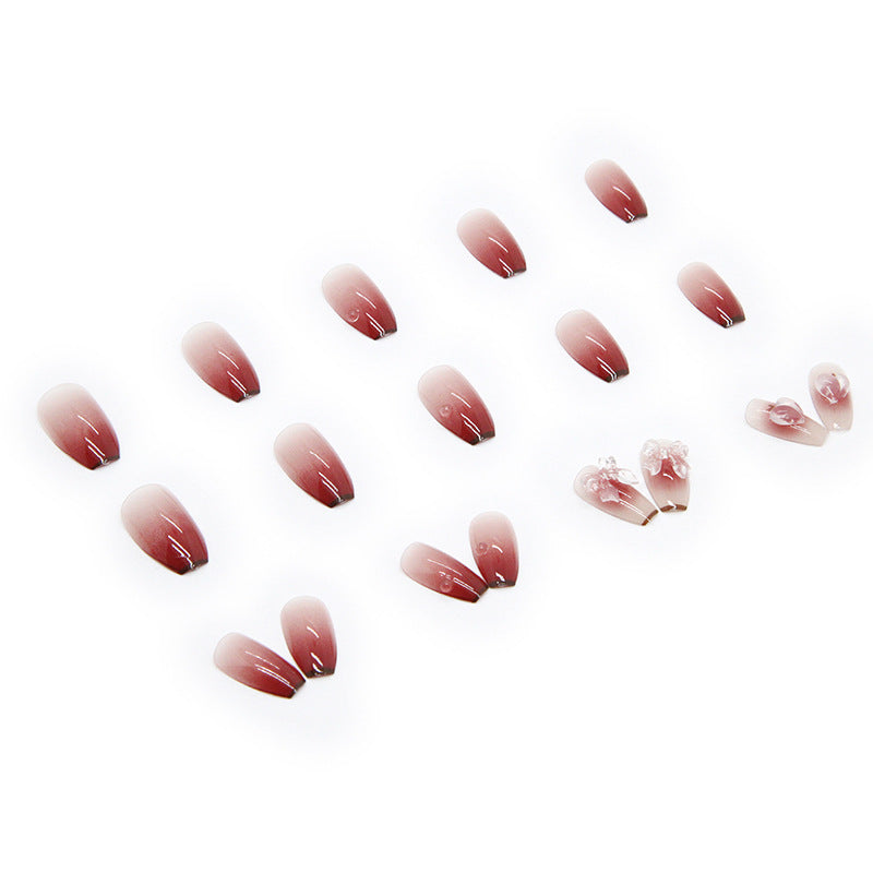 N-195 -  Shiny Butterfly Dark Pink  - Press On Nail Set Of 24 - Free 24 Pcs Sticker Sheet Included