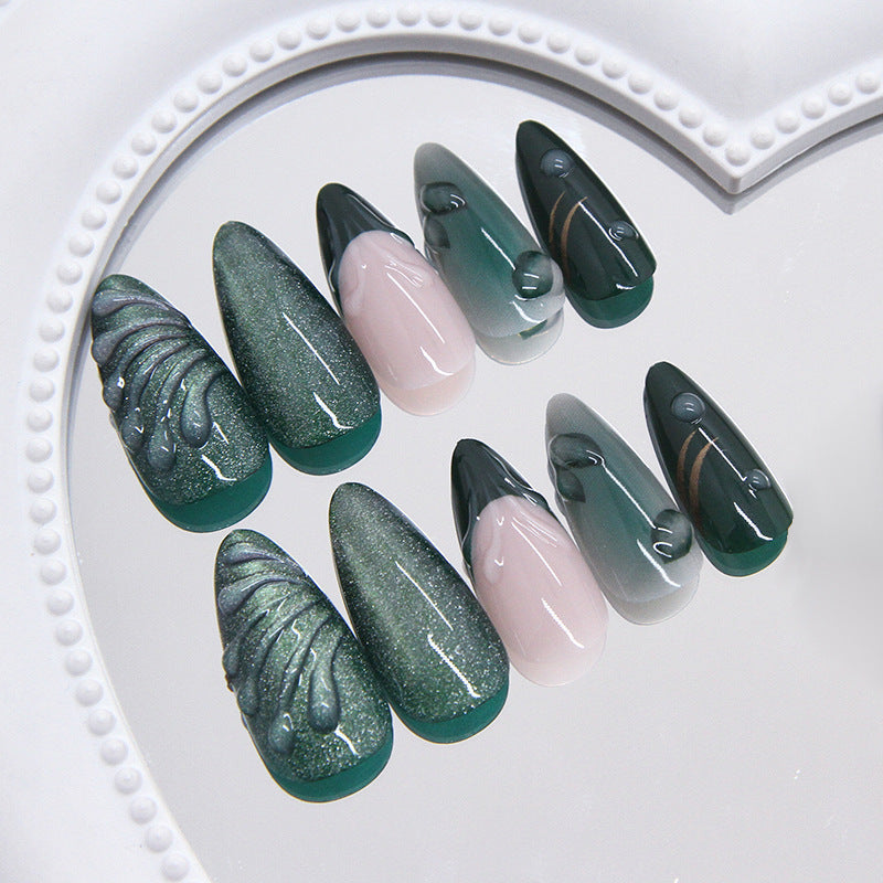 N-245 -Iced Mist Forest Green  - Press On Nail Set Of 24 - Free 24 Pcs Sticker Sheet Included