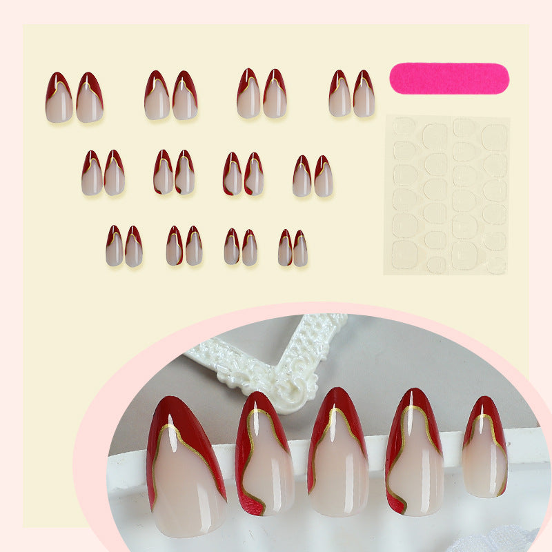 N-343 - Stylish Red & Foiled - Press On Nail Set Of 24 - Free Nail Kit Included