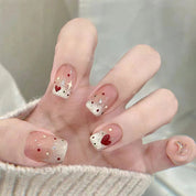 N-222 - Polka Heart Pink - Press On Nail Set Of 24 - Free 24 Pcs Sticker Sheet Included