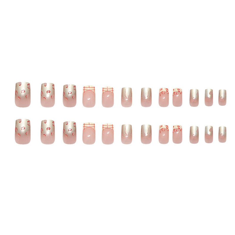 N-154 - Bow & Shiny Pink  - Press On Nail Set Of 24 - Free 24 Pcs Sticker Sheet Included