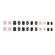 N-173 - Black & Pink Grid & Pastel Heart - Press On Nail Set Of 24 - Free 24 Pcs Sticker Sheet Included