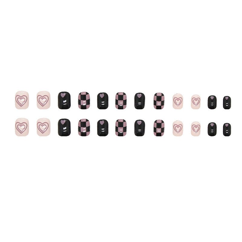 N-173 - Black & Pink Grid & Pastel Heart - Press On Nail Set Of 24 - Free 24 Pcs Sticker Sheet Included