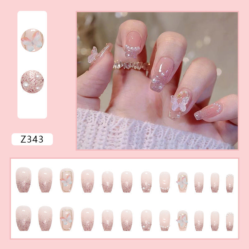 N-160 - Pearl & Butterfly Shiny Pink - Press On Nail Set Of 24 - Free 24 Pcs Sticker Sheet Included