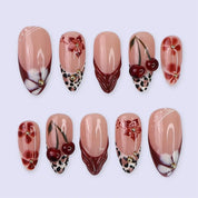N-388 - Midnight Cherry - Press On Nail Set Of 30 - Free 24 Pcs Sticker Sheet Included