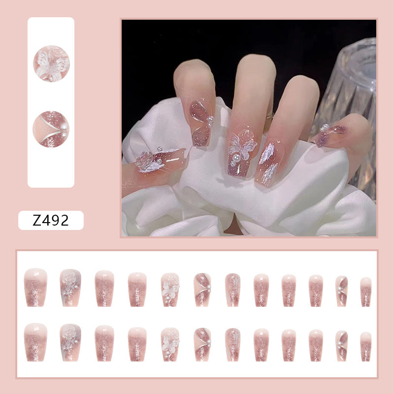 N-181 - Pearl & Dream Butterfly - Press On Nail Set Of 24 - Free 24 Pcs Sticker Sheet Included