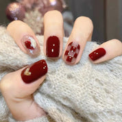 N-156 - Red Maroon Heart & Grid   - Press On Nail Set Of 24 - Free 24 Pcs Sticker Sheet Included