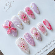 N-380 - Pink Flower - Press On Nail Set Of 30 - Free 24 Pcs Sticker Sheet Included