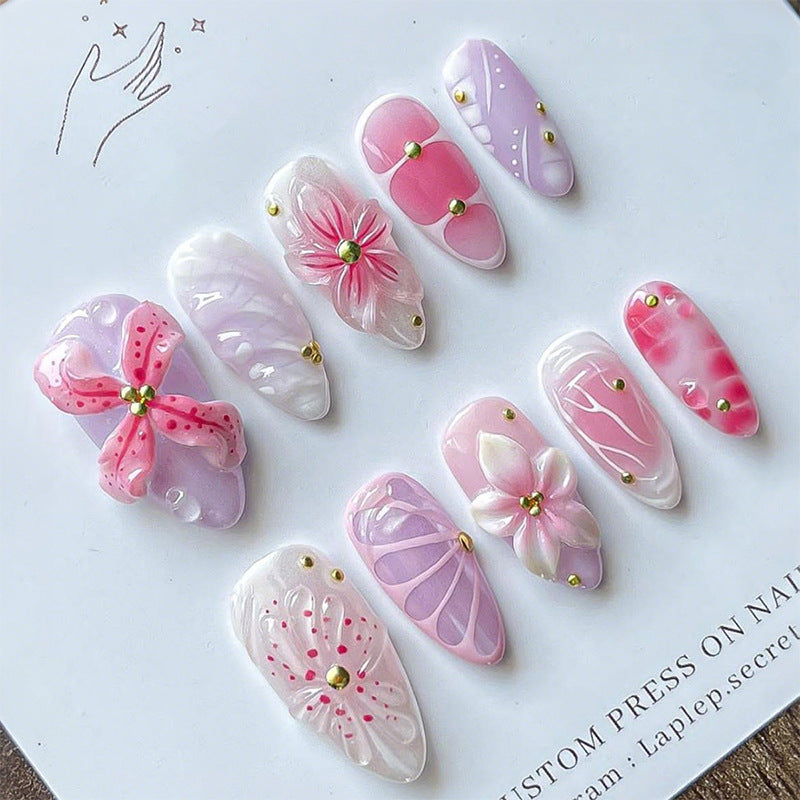 N-380 - Pink Flower - Press On Nail Set Of 30 - Free 24 Pcs Sticker Sheet Included