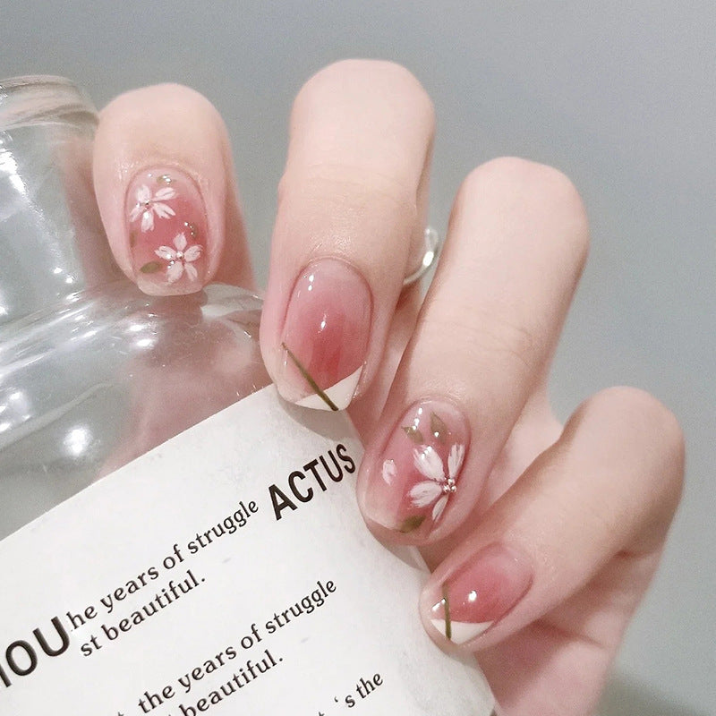 N-179 - Sakura Flowers - Press On Nail Set Of 24 - Free 24 Pcs Sticker Sheet Included