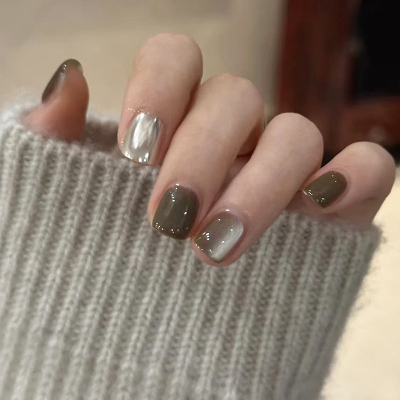N-253 - Coffee & Crystal White  - Press On Nail Set Of 24 - Free 24 Pcs Sticker Sheet Included