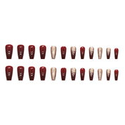 N-225- Glittery Gold & Maroon - Press On Nail Set Of 24 - Free 24 Pcs Sticker Sheet Included