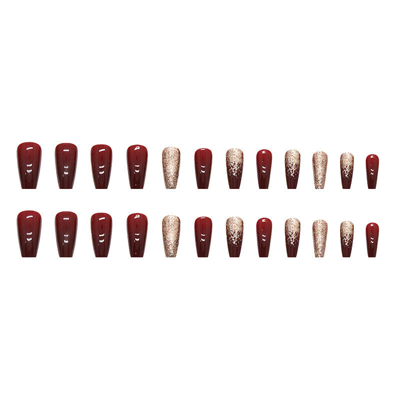 N-225- Glittery Gold & Maroon - Press On Nail Set Of 24 - Free 24 Pcs Sticker Sheet Included