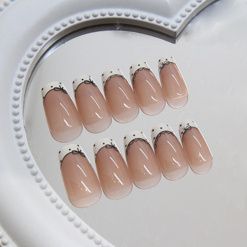 N-352 - Bow Lace - Press On Nail Set Of 24 - Free 24 Pcs Sticker Sheet Included