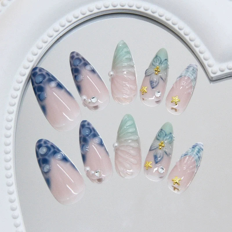 N-353 - Watercolor Flower  - Press On Nail Set Of 24 - Free 24 Pcs Sticker Sheet Included