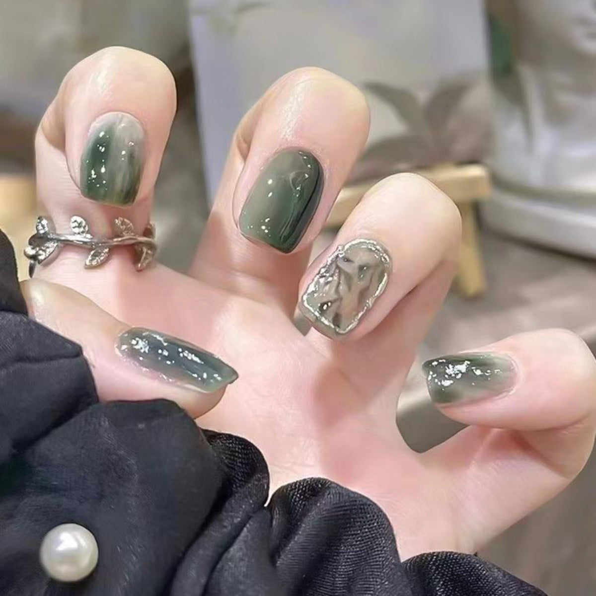 N-287 - Forest Green - Print Press On Nail Set Of 24 - Free 24 Pcs Sticker Sheet Included