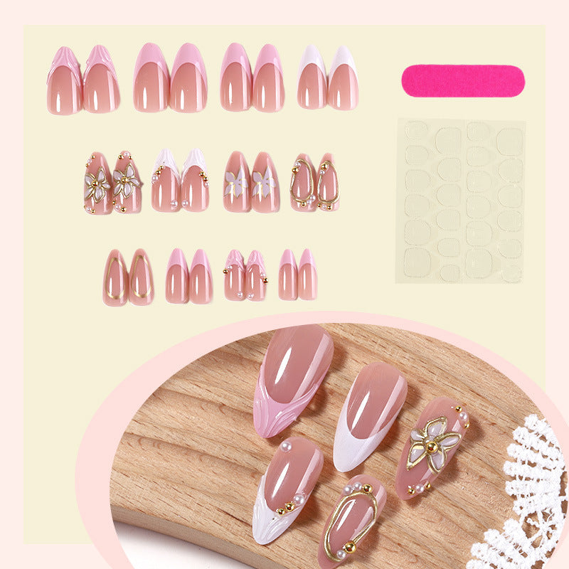 N-384 -  Pink Flower Gold Foil - Press On Nail Set Of 24 - Free 24 Pcs Sticker Sheet Included