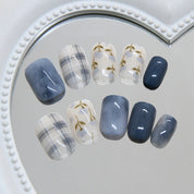 N-357 - Blue Flower & Grid  - Press On Nail Set Of 24 - Free 24 Pcs Sticker Sheet Included