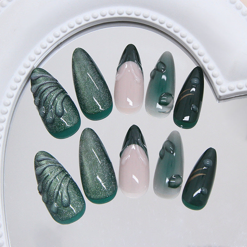N-245 -Iced Mist Forest Green  - Press On Nail Set Of 24 - Free 24 Pcs Sticker Sheet Included