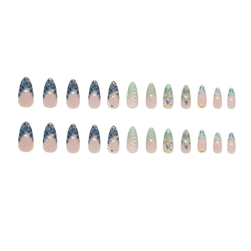 N-353 - Watercolor Flower  - Press On Nail Set Of 24 - Free 24 Pcs Sticker Sheet Included