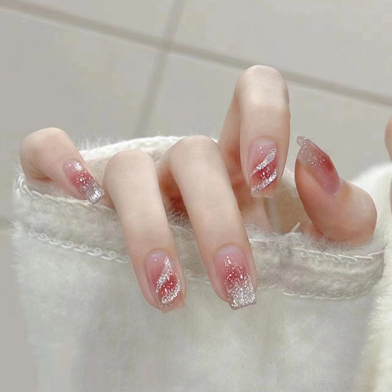 N-176 - Silver Foiled Sparkles Pink - Press On Nail Set Of 24 - Free 24 Pcs Sticker Sheet Included