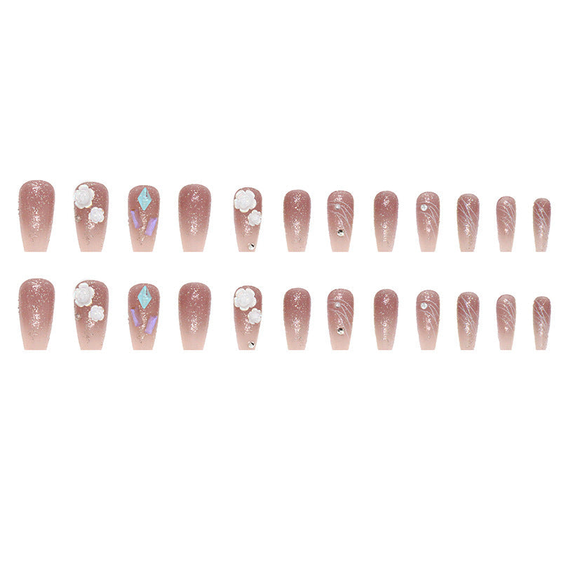 N-302 - Crystal & Milk White Camellia - Press On Nail Set Of 24 - Free 24 Pcs Sticker Sheet Included