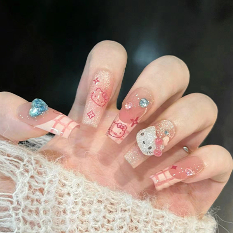 N-155 - Hello Kitty Pink - Press On Nail Set Of 24 - Free 24 Pcs Sticker Sheet Included