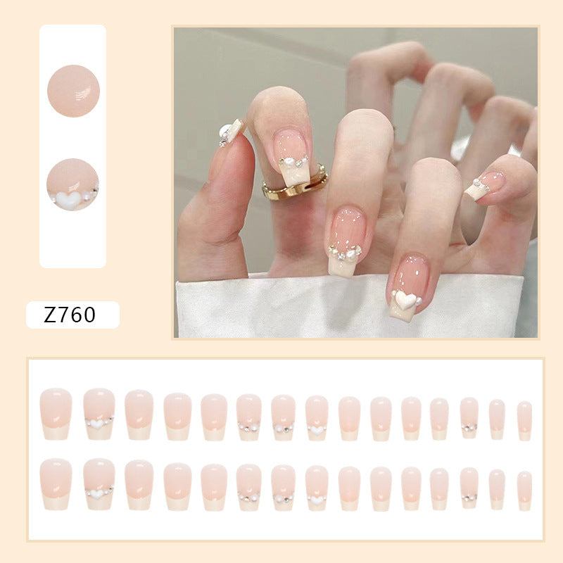 N-166 - White Pearl & Heart - Press On Nail Set Of 24 - Free 24 Pcs Sticker Sheet Included