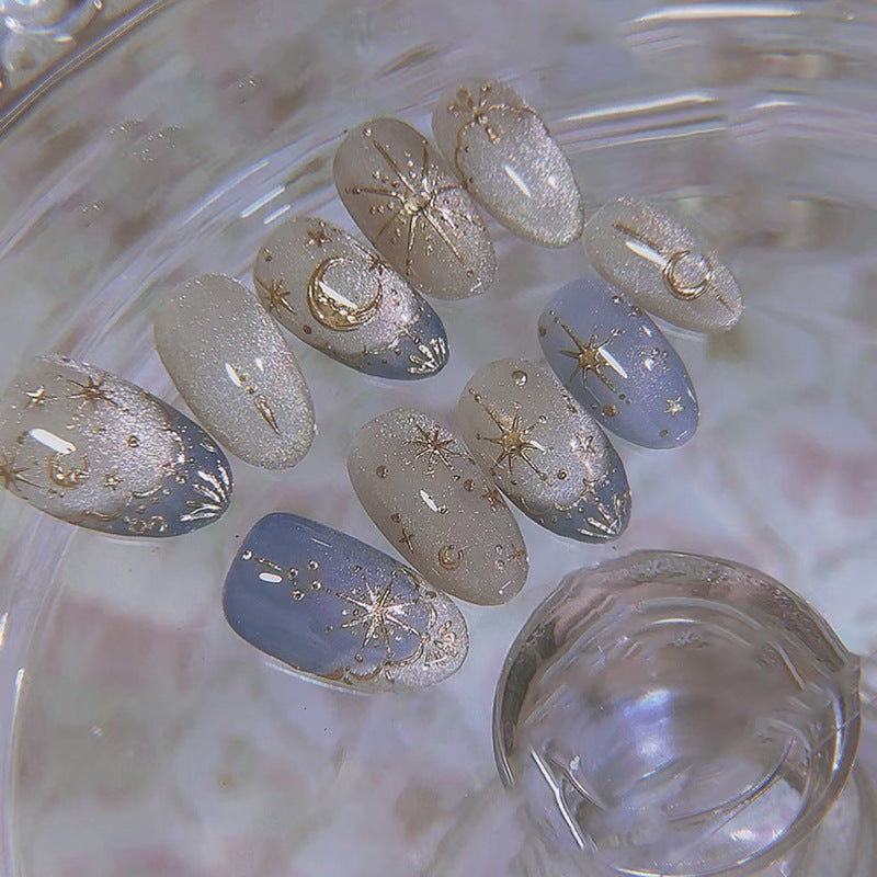 N-224 - Gold Moon  & Star - Press On Nail Set Of 24 - Free 24 Pcs Sticker Sheet Included