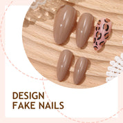 N-215 - Fancy Print & Pastel Brown - Press On Nail Set Of 24 - Free Nail Kit Included