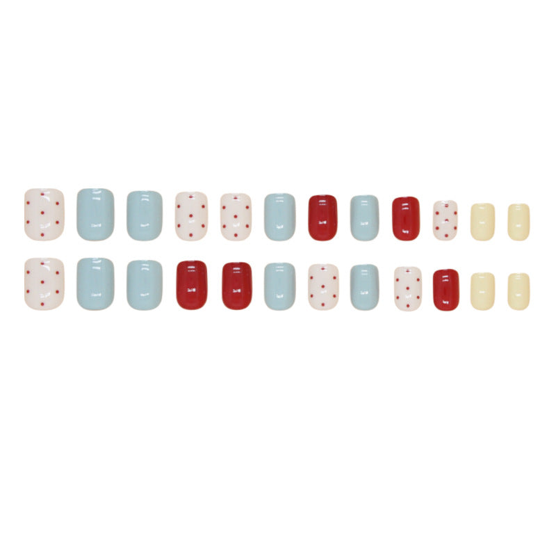 N-273 -Red Polka & Mix - Press On Nail Set Of 24 - Free 24 Pcs Sticker Sheet Included
