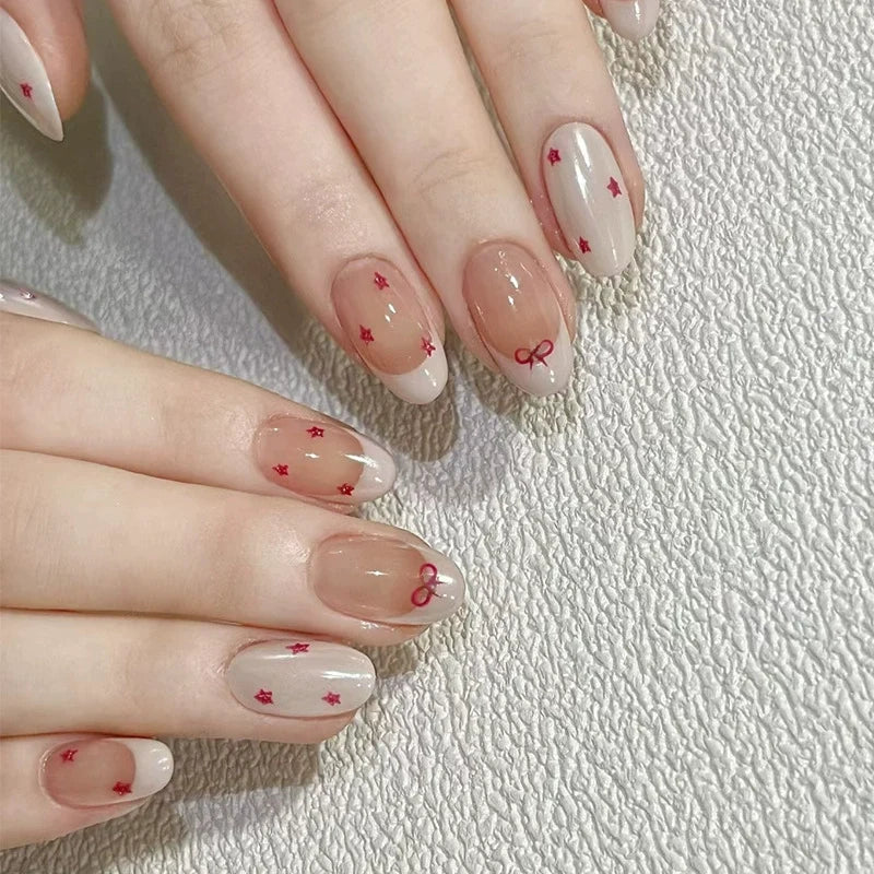 N-367 - Red Bow & Stars   - Print Press On Nail Set Of 24 - Free 24 Pcs Sticker Sheet Included