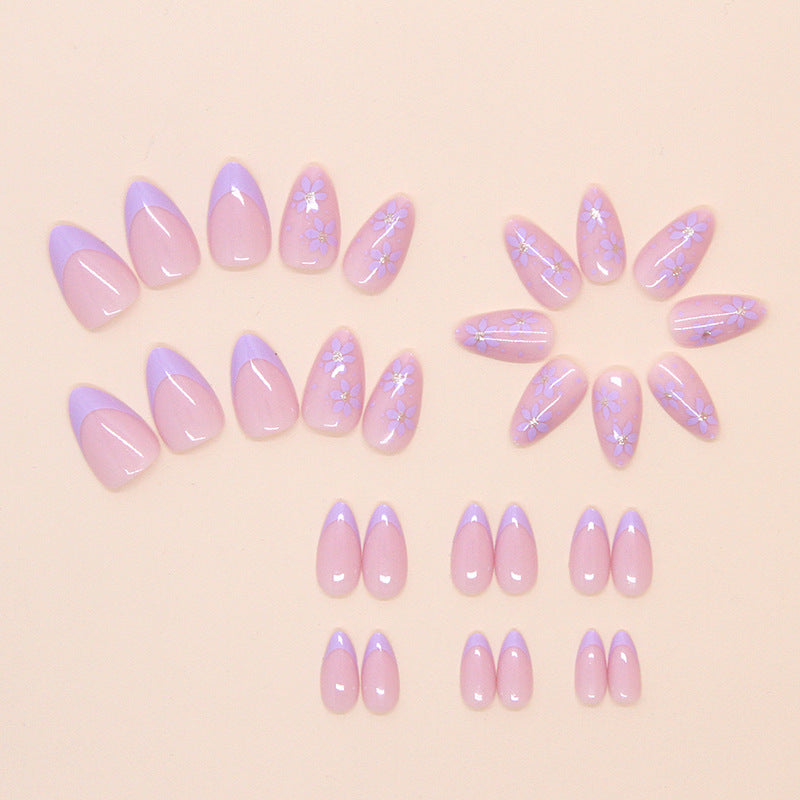N-102 - Flowers & Purple Pastel - Press On Nail Set Of 24 - Free 24 Pcs Sticker Sheet Included