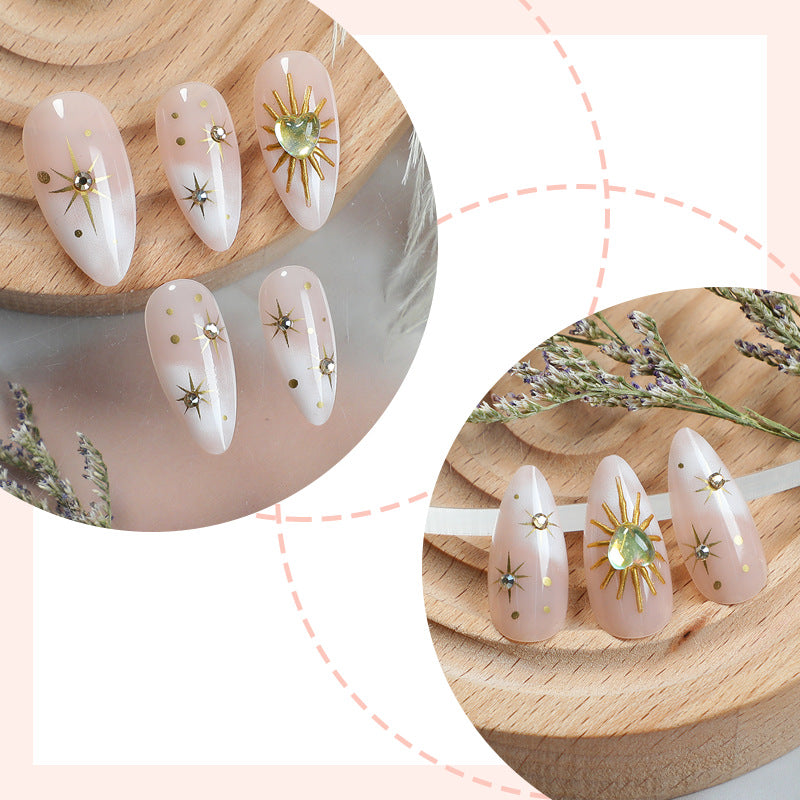 N-383 - Vintage Gold Foil Sparkles - Press On Nail Set Of 24 - Free 24 Pcs Sticker Sheet Included