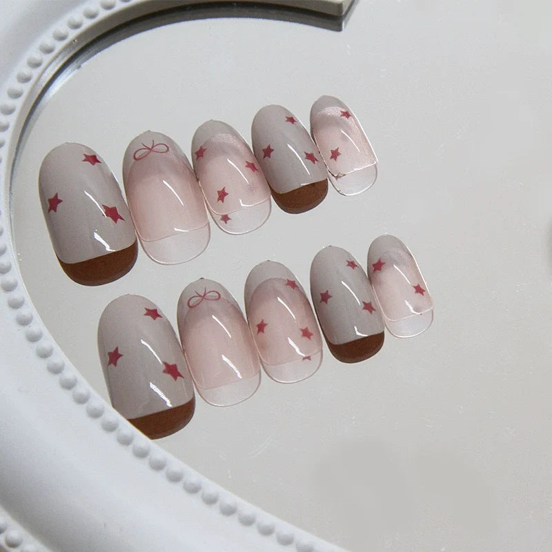 N-367 - Red Bow & Stars   - Print Press On Nail Set Of 24 - Free 24 Pcs Sticker Sheet Included