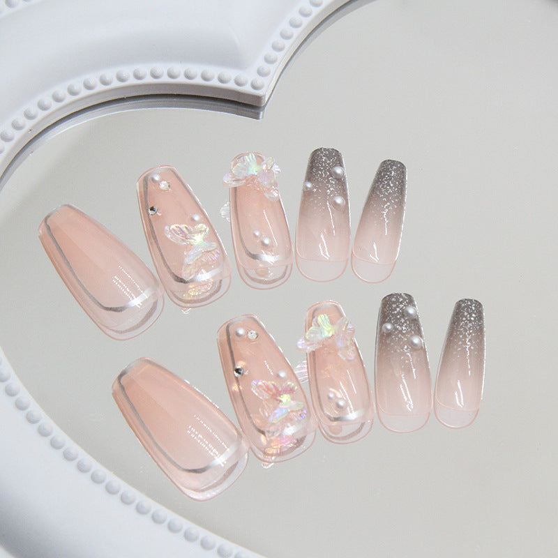 N-165 - Fantasy Butterfly & Pearl  - Press On Nail Set Of 24 - Free 24 Pcs Sticker Sheet Included