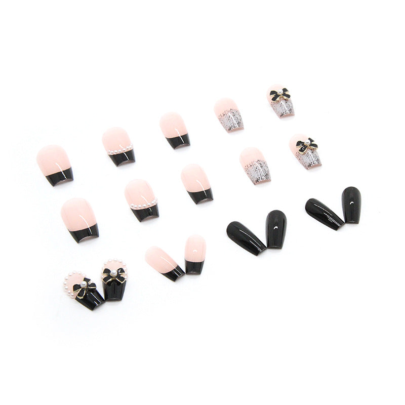N-190 -  Bow & Pearl Fancy - Press On Nail Set Of 24 - Free 24 Pcs Sticker Sheet Included