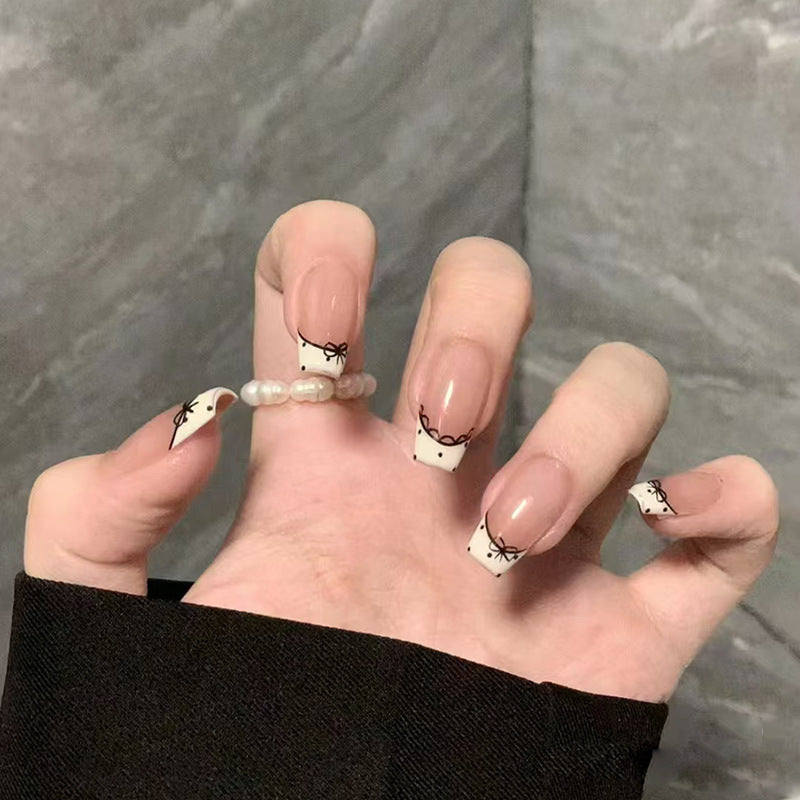 N-352 - Bow Lace - Press On Nail Set Of 24 - Free 24 Pcs Sticker Sheet Included
