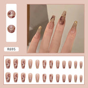 N-263 - Foiled Flower - Press On Nail Set Of 24 - Free 24 Pcs Sticker Sheet Included