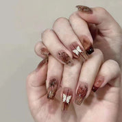 N-153 - Chocolate Brown Sparkle Butterfly - Press On Nail Set Of 24 - Free 24 Pcs Sticker Sheet Included
