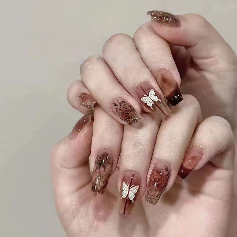 N-153 - Chocolate Brown Sparkle Butterfly - Press On Nail Set Of 24 - Free 24 Pcs Sticker Sheet Included