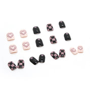 N-173 - Black & Pink Grid & Pastel Heart - Press On Nail Set Of 24 - Free 24 Pcs Sticker Sheet Included