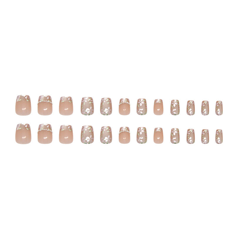 N-254 - Pearly Flower  - Press On Nail Set Of 24 - Free 24 Pcs Sticker Sheet Included