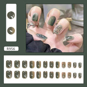 N-287 - Forest Green - Print Press On Nail Set Of 24 - Free 24 Pcs Sticker Sheet Included