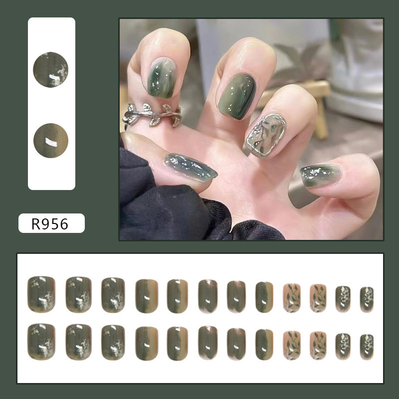 N-287 - Forest Green - Print Press On Nail Set Of 24 - Free 24 Pcs Sticker Sheet Included