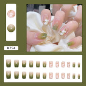 N-180 - Dream Flowers & Silver Sparkle Green - Press On Nail Set Of 24 - Free 24 Pcs Sticker Sheet Included