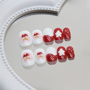 N-260 -Polka Heart & Flower  - Press On Nail Set Of 24 - Free 24 Pcs Sticker Sheet Included