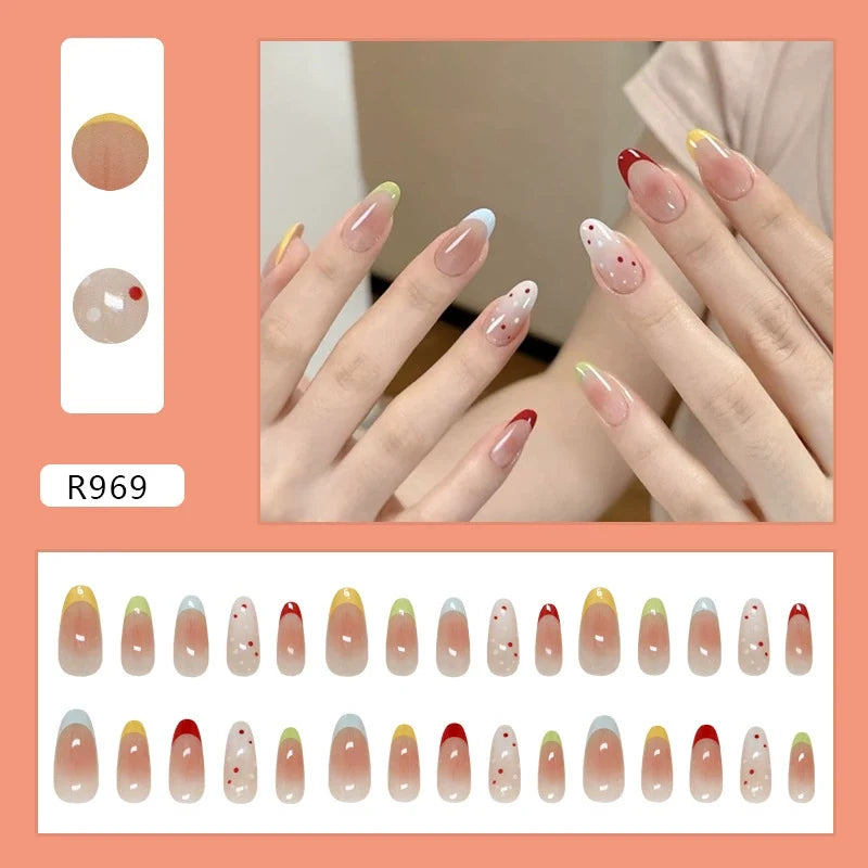 N-372 - Multi Polka - Press On Nail Set Of 24 - Free 24 Pcs Sticker Sheet Included