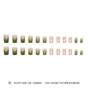 N-180 - Dream Flowers & Silver Sparkle Green - Press On Nail Set Of 24 - Free 24 Pcs Sticker Sheet Included